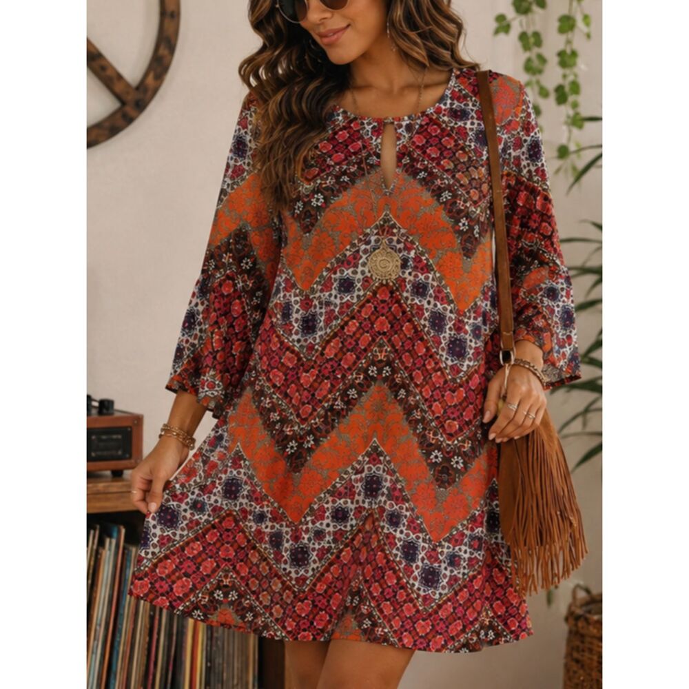 Sequin Hearts Boho Bell Sleeve Tunic Dress Orange Pink Geometric Print Medium